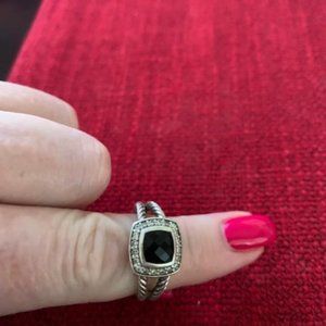 David Yurman Petite Albion Ring With Onyx Stone and Diamonds Size 7